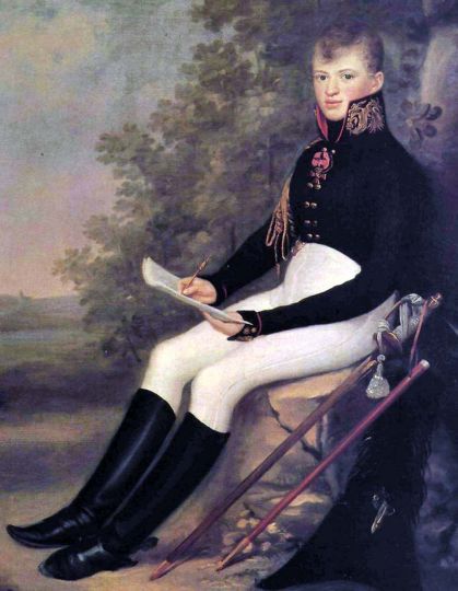 Портрет Ф.Ф. Шуберта
Юный офицер квартирмейстерской части Главного (позже Генерального) штаба изображен за глазомерной съемкой. Портрет можно датировать благодаря ордену св. Владимира четвертой степени, полученному за храбрость в бою под Прейсиш-Эйлау в январе 1807 г. В будущем Шуберт - заслуженный генерал, главный картограф русской армии, почетный член Академии наук. 
