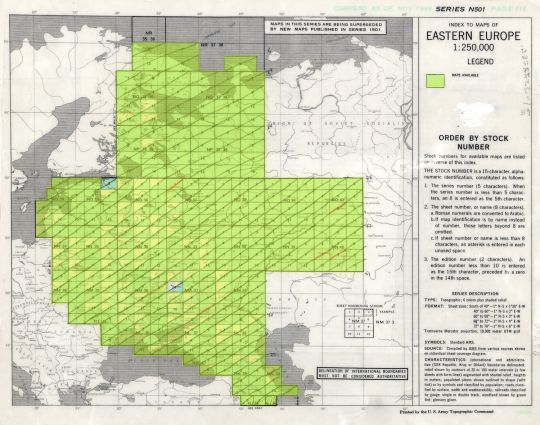 Индексная карта американской карты СССР серии N501
Американская карта Европейской части СССР. Индексная карта американской карты СССР серии N501 в масштабе 1:250,000. Издание 1948-1954 годов. Prepared by the Army Map Service (LU), Corps of Engineers, U.S. Army, Washington, D.C. Eastern Europe. Edition 2-AMS Series N501. Scale 1:250,000. Compiled from the maps of U.S.S.R., 1:100,000, General Staff of the Red Army, 1934-39
