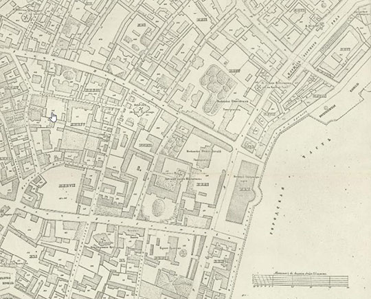 План Тверской части Москвы 1:2100 %Plan of Tverskaya district
План Тверской части Москвы из издания: Планъ города Москвы, снятый в 1850 и 1851мъ годахъ. Масштаб 1:2100. Литографировал С. Емченинов. М., изд. Моск. городск. Думы, лит. Емчениновой (Спб). Литогр. Масштаб: 1 л. (сводный) 1 : 29 400; 1 см = 294 м. 154 лл. 1:2 100; 1 см = 21 м. 14 лл. (выгоны) il : 8 400; 1 см = 84 м. План отпечатан со съемки 1849—1852 гг. в количестве 400 экз. на 169 листах (по 565x560 мм каждый лист).
