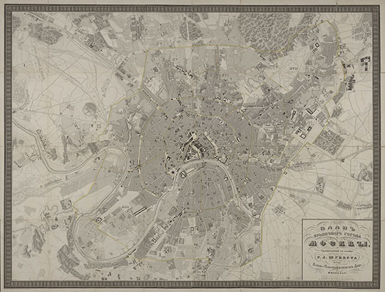 План Столичного города Москвы  1:16K% Plan of the Capital City of Moscow
План Столичного города Москвы, гравированный со съемки Г. Л. ШУБЕРТА / при / Военно- Топографическомъ Депо в 1841 году. Грав. Потехин, Поляков, Матвеев, Камкин и Иванов; слова вырез. Кудрявцев и Эргард. Спб.  Грав./меди. 757 х 957 (по листу); 727 х 932 (по рамке). Масштаб 1 : 16 800; 1 см = 168 м.
Ключевые слова: карты Шуберта