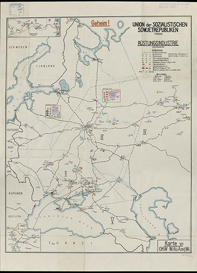 Размещение военной промышленности СССР  1:4M% USSR military industry
Карта размещения военной промышленности СССР по состоянию на сентябрь 1940 г. Подготовлена Управлением военной экономики и вооружений при Верховном командовании вермахта. Масштаб 1:4,000,000. Übersichtskarte der Rüstungsindustrie der UdSSR (Stand - September 1940). Hergestellt im Wirtschaft-und Rüstungsamt des OKW. 
Ключевые слова: СССР,Европейская Россия,немецкие карты