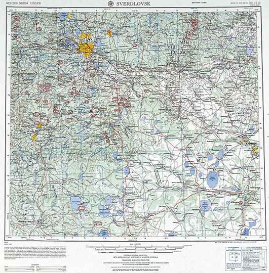 Американская карта Свердловска и окрестностей  1:250K% Sverdlovsk NO-41 10 map
Американская карта Свердловска и окрестностей. Лист NO-41 10 американских карт серии N502 в масштабе 1:250,000. Издание 1954 года. Prepared by the Army Map Service (LU), Corps of Engineers, U.S. Army, Washington, D.C. Eastern Europe. Edition 2-AMS Series N502. Scale 1:250,000. Compiled from the maps of U.S.S.R., 1:100,000, General Staff of the Red Army, 1934-39. Географическая координатная сетка.
Ключевые слова: Екатеринбург,Свердловск,американские карты