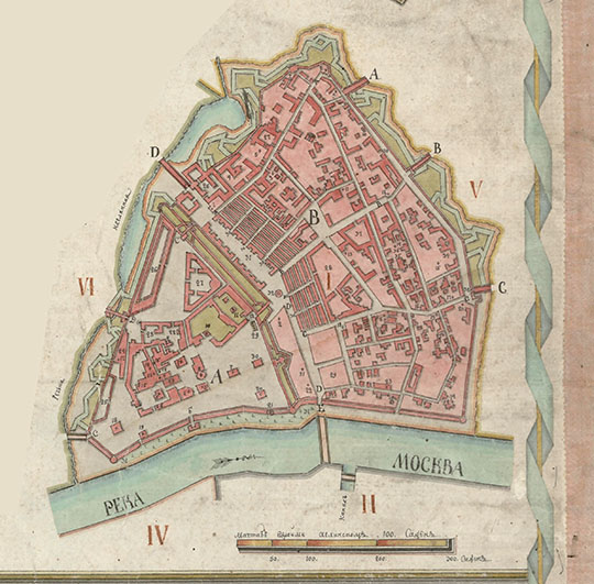 План Кремля и Китай-города %Plan of Kremlin and Kitay-gorod
План Кремля и Китай-города. Масштаб - 100 сажен в дюйме. Размещен на врезке плана с кодом 091798 - План Столичного города Москвы соозначением частей. Масштаб - 250 сажен в английском дюйме. Конец 1790-х - начало 1800-х годов.
