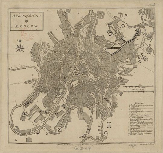 A Plan of the City of Moscow v.2
A Plan of the City of Moscow. London, 1784. Published March 26, 1784 according to Act of Parlament by T. Cadell in the Strand. В правом нижнем углу - указатель объектов. Гравер Thomas Kitchin Senior. 33 х 31 см. Выполнен на основе Мичуринского плана 1739г. Данный вариант плана не раскрашен.
Ключевые слова: английские карты,Мичуринский план