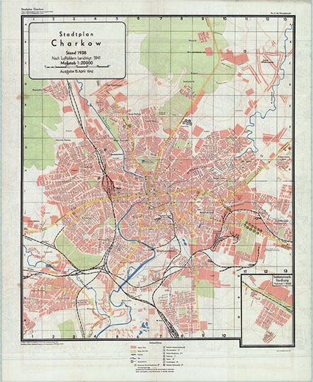 Немецкий план Харькова 1:200К %German plan of Kharkov
Немецкий план Харькова. Масштаб 1:200,000. Состояние местности на 1938 год. Исправлено в 1941 году. Издание 15 апреля 1942 года. Stadtplan Charkow. Stand 1938. Nach Lustbilden berichtigt: 1941. Augabe 15 April 1942.
Ключевые слова: Харьков,немецкие карты