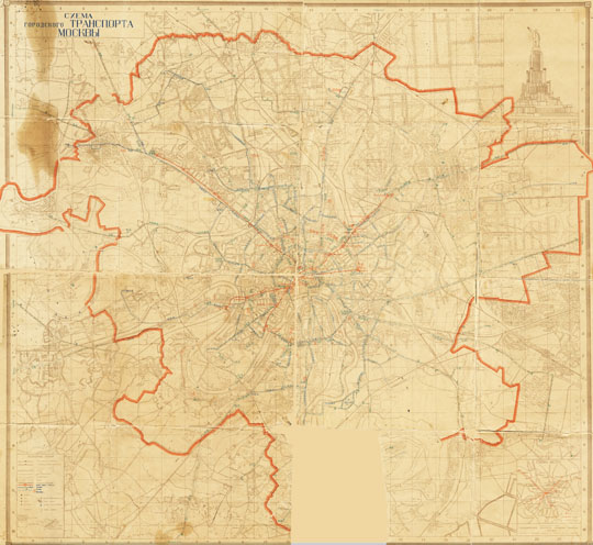 Схема городского транспорта Москвы  1:35K% Moscow municipal transport map
Схема городского транспорта Москвы. Обратная сторона плана Москвы 1940 года (код карты 0619401): План г. Москвы: изм. и доп. - по сост. на 25 марта 1940 г. / Сост. и изд. геодез. конторой упр-ия планировки г. Москвы в 1940 г.; Отв. ред. Н. В. Алферова. - Изд. 2-е. - 1:35000. - М., 1940 (Полигр. комб. им. В. М. Молотова ГУГК при СНК СССР). - 1 к.: цв., 2 доп. карты, ил.; 77x84 см + Указ. (65 с. (ок. 3900 назв.)); 13x10 см. - Печать двусторонняя. Доп. карты: Схема метро; Схема транспорта Москвы (на обороте л.) План дан в границах 1-го Генерального плана Москвы. 
