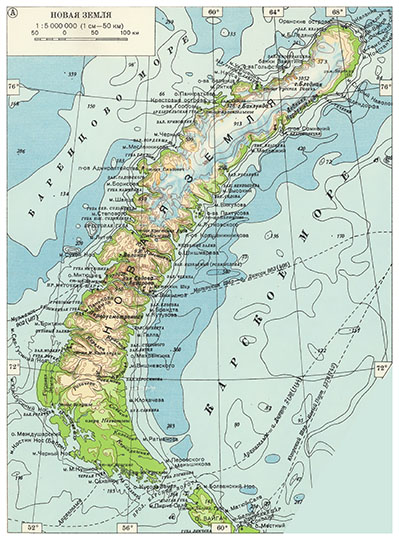 Новая Земля 1:5М %Novaya Zemlya
Новая Земля. Масштаб 50 км в 1 см. Большой Советский Атлас Мира. Том II (1939).
Ключевые слова: Архангельск,Новая Земля
