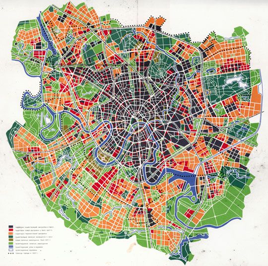 Перспективный план развития Москвы%Long-term plan of Moscow development
Показаны территории застройки к 1945г., застройки с 1945 по 1957, а также территории перспективной застройки. Представлены существующие и перспективные зеленые насаждения и проектируемые зеленые зоны. Показаны проектируемые водоемы. Указана граница города в 1957г.

