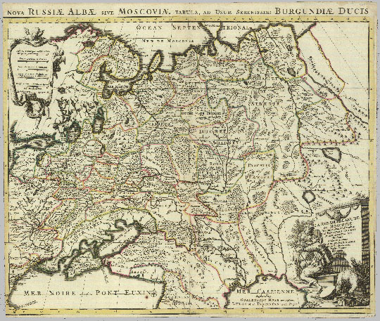 Белая Русь или Московия %La Russie Blanche ou Moscovie
Белая Русь или Московия, разделенная в зависимости от границ королевств, герцогств, княжеств и т.д.Обзорная карта Европейской России и части Сибири до реки Пясина с указанием границ административных единиц. Карту c посвящением светлейшему герцогу Бургундскому, составил французский картограф Алексис-Юбер Жайо по материалам королевского географа Николя Сансона.  La Russie Blanche ou Moscovie Divisée Suivant l Etendue des Royaumes, Duchés, Principautés c. Par H. Jaillot. - Paris, 1695. - 1 к.: раскраш. границы адм. единиц; 51,5х61,6; 53х62,2 см.
Ключевые слова: Московия