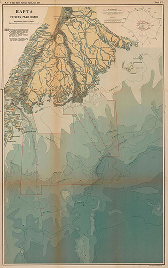 Карта устьев реки Волги  1:252K% Map of Volga estuary
Карта устьев реки Волги. Масштаб 6 верст в дюйме. Изсб.: Труды отдела торговых портов. Устье Волги и Астраханский морской канал. Атлас чертежей, 1914г.
Ключевые слова: Астрахань,Волга,Каспийское море