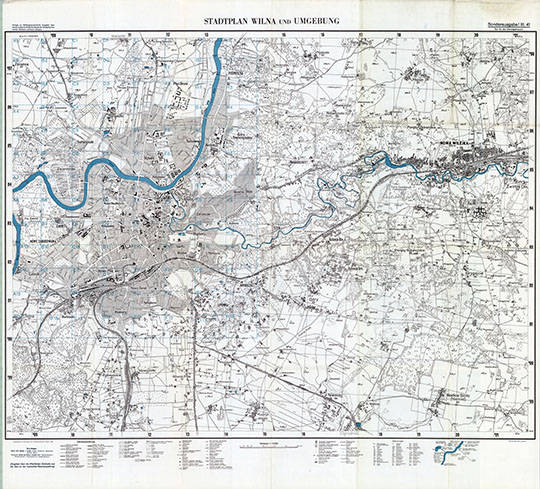План Вильнюса и окрестностей 1:15К %Stadtplan Wilna und Umgebung
План Вильнюса и окрестностей. Масштаб 1:15,000. Берлин, 1940. Издание - март 1941 года.  Stadtplan Wilna und Umgebung. 1:15,000. Berlin, 1940.  Generalstab der Luftwaffe.
Ключевые слова: Вильнюс,немецкие карты