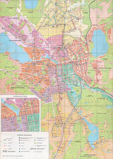 Свердловск. Схема пассажирского транспорта % Transportation in Sverdlovsk
Свердловск. Схема пассажирского транспорта. На врезках - схема центральной части города, схема междугородних маршрутов (по состоянию на февраль 1982 года) и указатель площадей и улиц города.Схема составлена и подготовлена к печати фабрикой №4 ГУГК. Формат бумаги 100x72.  Издание 1983 года
Ключевые слова: Екатеринбург,Свердловск