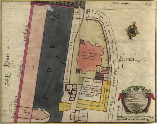 Местность вокруг Покровского собора  1:2K% Area around Pokrovsky sobor
Покровский собор и церковь святого Василия Блаженного что слывет на Рву. Масштаб 25 сажен трех аршинах. Сочинен шахтмейстером ... 1750 года ноября 10 дня.
