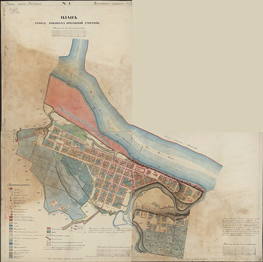 План Ярославской губернии города Рыбинска 1:4200 % Plan of Rybinsk
План города Рыбинска Ярославской губернии Масштаб - 50 сажен в дюйме. Rопировали классные топографы Осипов и Черепанов. - [Б.м., 185-]. - 1 л.: раскраш. Рукоп. KGR Ко 111/V-33; 
Ключевые слова: Рыбинск