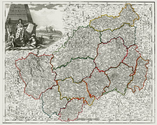 Атлас России - Тверское наместничество % Atlas of Russia - Tver region
Карта Тверского наместничества. Российской атлас из сорока четырех карт состоящий и на сорок два наместничества Империю разделяющий Соч. А. Вильбрехт; грав. Алексей Савинков, И. Леонов; вырез. Т. Михайлов Санкт-Петербург: Географический департамент Кабинета Е.И.В., 1792 г.
Ключевые слова: Тверь,атласы