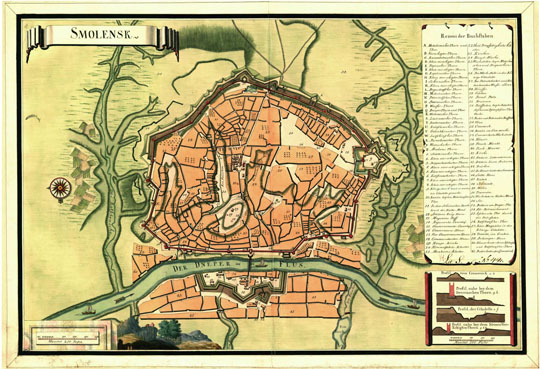 Шведский план Смоленска%Swedish Plan of Smolensk
План Смоленска из Королевского военного архива (Krigsarkivet), входящего в Шведский Национальный архив (Riksarkivet). Ryssland. Smolensk. 46х66 см. Датируется приблизительно серединой XVIII века. На врезке - обозначения основных объектов.
Ключевые слова: Смоленск