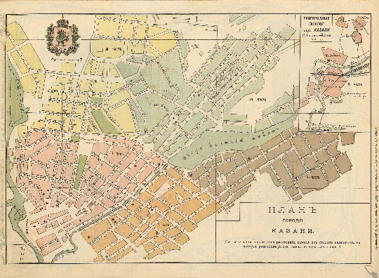 План города Казани 1:8K% Plan of Kazan
План города Казани. Масштаб 100 саженей в дюйме. Из кн.: "Спутник по реке Волге и её притокам Каме и Оке. С картами Волги, Камы и Оки, видами и Планами волжских, камских и окских городов." Год издания VIII. Типо-Литография П. С. Феокритова, Саратов, 1908г.
Ключевые слова: Казань,путеводители по Волге