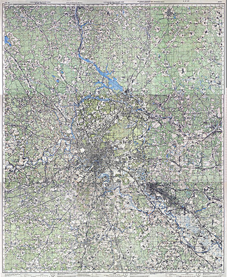 Карта окрестностей Москвы 1:100K %Map of Moscow vicinity
РСФСР. Московская область. Карта составлена из нескольких листов карт издания Главного Управления Геодезии и Картографии при СНК СССР 1941 года. Состояние местности на 1936-1939 годы. Масштаб 1:100 000. Нанесена координатная сетка.
Ключевые слова: Подмосковье,карты РККА