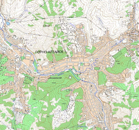 Горно-Алтайск  и окрестности %Gorno-Altaysk and vicinity
Горно-Алтайск и окрестности. Карта Госгеоцентра. Масштаб 1:25,000
Ключевые слова: Горно-Алтайск,карты ГГЦ