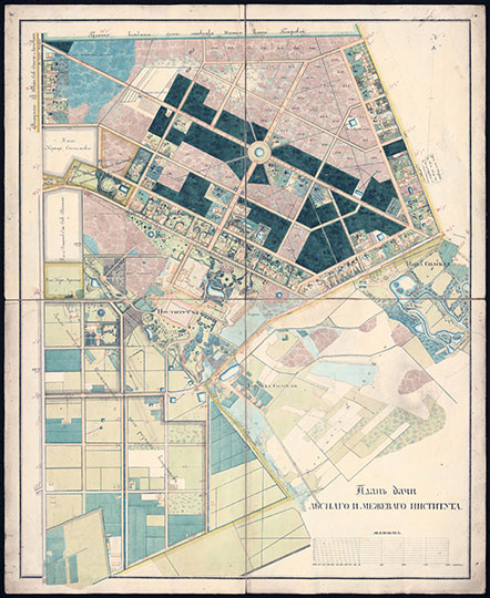 План дачи Лесного и Межевого института %Plan of Forest Institute estate and park
План дачи Лесного и Межевого института. Масштаб - 50 сажен в дюйме. Лесотехническая академия и прилегающая местность. 1850-е годы.
Ключевые слова: Санкт-Петербург,Лесной Институт