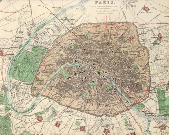 План Парижа%Map of Paris
План Парижа. Paris and its surrounding fortifications by J. Bartholomew. F.R.G.S. Масштаб - 1/4 мили в дюйме.
Ключевые слова: Париж,английские карты