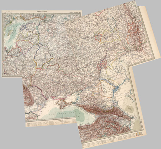 Европейская Россия в Атласе Штилера 1:3.7M % European Russia
Карта Европейской России. Масштаб 1:3,700,000. Сборная карта, склеенная из листов карт форматом 39 х 42 см. Из кн.:  Stieler's Atlas of Modern Geography. 254 Maps and Insets on 108 Sheets Engraved on Copper. Tenth (Centenary) Edition. Completely Revised and Largely Redrawn under the Direction of Professor H. Haack in Justus Perthes' Geogr. Institute. (in two parts). 1925. Gotha: Justus Perthes
Ключевые слова: Европейская Россия,немецкие карты,атласы Штилера