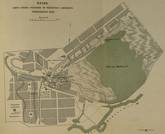 План Липецких минеральных вод %Plan of the Lipetsk Mineral Waters District
План округа охраны Липецких минеральных вод. Масштаб - 100 сажен в дюйме. Картографическое Заведение Ильина. Из кн.: Мушкетов И.В. - Геологический Очерк Липецкого Уезда Тамбовской Губернии В Связи С Минеральными Источниками г. Липецка, 1885.
Ключевые слова: Липецк,издательство Ильина