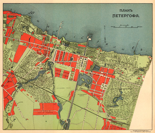 План Петергофа  1:8K% Plan of Peterhof
План Петергофа. Масштаб - в английском дюйме 100 сажен. Из кн.: Весь Санкт-Петербург. Адресная и справочная книга. Издательство Новое время, Санкт-Петербург, 1915г.
Ключевые слова: Петергоф,Весь Петербург