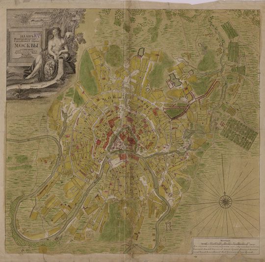 Мичуринский план Москвы v.4 1:21K%Plan of Moscow by Michurin v.4
План императорскаго столичнаго города Москвы сочиненной под смотрением архитектора Ивана Мичурина в 1739 году; При снимании сего плана употреблены были следующие геодезисты: Сава Кашинцов, Максим Енкуватов, Алексей Карцов [и др.] [Грав. Унферцахт Г.-И.]. - [Санкт-Петербург]: [Географический департамент АН]: [1741]. - 1 л.: Грав. Раскраш.; 50,5х52 (54х76). Масштаб: [прибл. 1:21 000]. Шифр: К 1-М 2/5
Ключевые слова: Мичуринский план