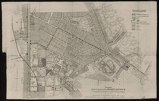 План дачной местности Лесного Института 1;8400 %Plan of Forest Institute
План дачной местности Лесного Института. Составлен и издан в 1887 году Н. Федотовым. Масштаб - 100 сажен в дюйме. Из сб.: Карта и девятнадцать подробных планов дачных местностей в районе Финляндских железных дорог / составил и издал Н. Федотов. — С.-Петербург 1889. — 1 атл. (21 к.) цв., текст, указ.; 20х17 см.
Ключевые слова: Санкт-Петербург,Лесной Институт