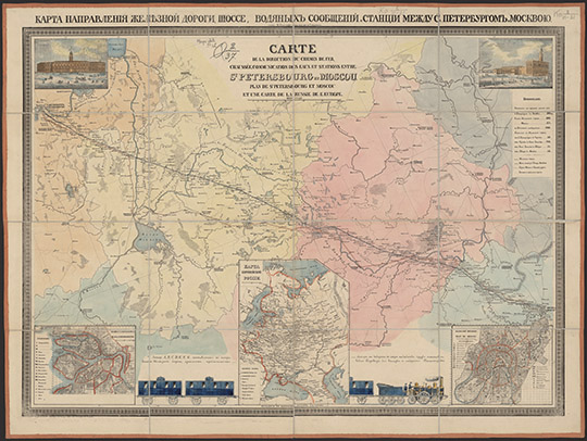 Карта дорог между С.- Петербургом и Москвою % Map of rioads between St. Petersburg and Moscow
Карта направления железной дороги, шоссе, водяных сообщений и станции между С.Петербургом и Москвою. Cост. и изд. М. Рудольф.-Москва, 1851, раскраска от руки, ил. Сетка геогр. координат. Долгота от Ферро. Доп. карты: Карта Европейской России. 1:27 300 000. План г.С.- Петербурга. 1:84 000, План. г.Москвы. 1:84 000
Ключевые слова: Дорога М-11