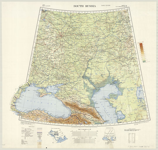 Юг Европейской части СССР 1:4M % South Russia
Юг Европейской части СССР. Масштаб 1:4,000,000. 71 х 74 см. Английская карта. South Russia: Asia. GSGS (Series) ; 2957. Third edition. Published at the War Office, 1924. 3rd edition (Communications revised) 1941. Compiled and drawn at W.O. 1939, heliographed at O.S. 1940.
Ключевые слова: СССР,Европейская Россия,английские карты