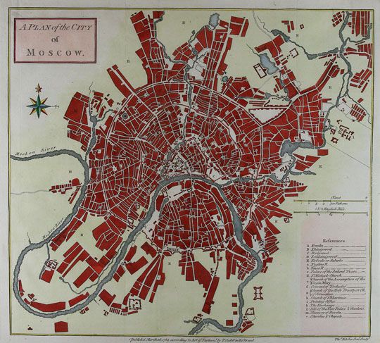 A Plan of the City of Moscow v.1
A Plan of the City of Moscow. London, 1784. Published March 26, 1784 according to Act of Parlament by T. Cadell in the Strand. В правом нижнем углу - указатель объектов. Гравер Thomas Kitchin Senior. 34 х 31 см. План раскрашен. Выполнен на основе Мичуринского плана 1739г.
Ключевые слова: английские карты,Мичуринский план