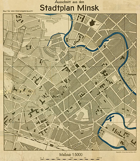 Немецкий план центральной части Минска  1:5K% German plan of Minsk
Немецкий план центральной части Минска. Издание 1943 года.  Масштаб 1:5000. Ausschnitt aus dem Statdtplan Minsk. 
Ключевые слова: Белоруссия,Минск,немецкие карты