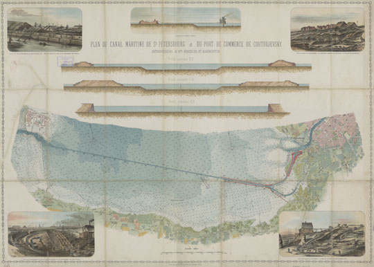 Проект Петербургского морского канала  1:40K% Project of Peterburg sea channel
Plan du canal Maritima de St. Petersbourg et du port de commerce de Goutoujevsky; План С.-петербургскаго морскаго канала и Гутуевскаго порта / Entrepreneurs M. M-rs Boreischa et Maximovitch. - [1884-1886]; Paris (Imp. Lemercier). Масштаб 1:40000. 
Ключевые слова: Санкт-Петербург,каналы,Кронштадт,Ораниенбаум,Петергоф
