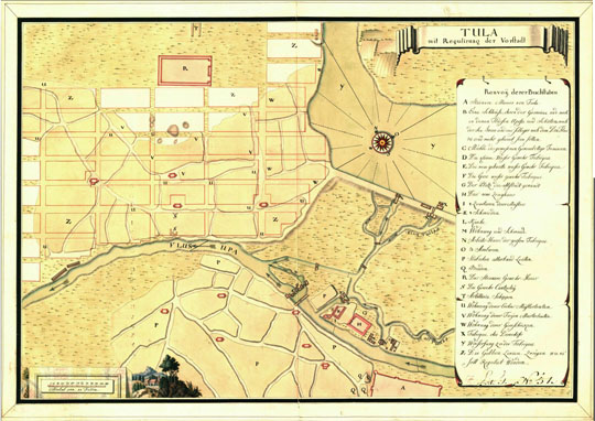 Шведский план Тулы%Swedish Plan of Tula
План Тулы из Королевского военного архива (Krigsarkivet), входящего в Шведский Национальный архив (Riksarkivet). Ryssland. Tula. Tula mit Regulirung der Vorstadt. 46х67 см. Датируется приблизительно серединой XVIII века. На врезке - обозначения основных объектов.
Ключевые слова: Тула