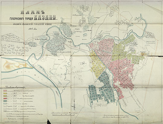 План губернского города Казани  1:12K% Plan of Kazan
План губернского города Казани. Издание Казанской Городской Управы 1914 года. Масштаб в английском дюйме 150 сажен. План составлен по данным съемки и нивелировки Конст. Меж. Института произвед. 19. 10.14гг. Типо-Литография В. В. Вараксина в Казани.
Ключевые слова: Казань
