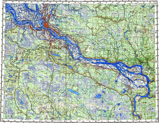 Окрестности Архангельска 1:200K % Vicinity of Arkhangelsk 
Топографическая карта окрестностей Архангельска. Лист Q-37-35_36 опубликованной в интернете топографической карты Генерального Штаба СССР. Издание 1993 года. Масштаб 1:200,000.
Ключевые слова: Архангельск,топографические карты
