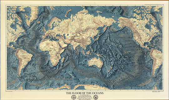 Карта мира с указанием рельефа морского дна 1:48М %World - Ocean Floors and Land Relief.
Карта мира в проекции Меркатора с указанием рельефа земли и морского дна. 1976г. 56 х 98 см. Масштаб 1: 48,000,000 на уровне экватора. World - Ocean Floors and Land Relief. The floor of the oceans. American Geographical Society. Lamonat Doherty Geological Observatory. United States Navy Office of Naval Research. Heezen, Bruce C., Tharp, Marie, de Rémur, Tanguy 
Ключевые слова: американские карты