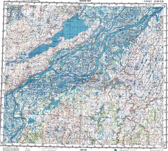 Карта окрестностей Нарьян-Мара 1:200K % Map of Naryan-Mar vicinity
Топографическая карта Генерального штаба. Нарьян-Мар. РСФСР. Ямало-Ненецкий автономный округ. Лист Q-39-V,VI. Издание 1990 года. Масштаб 1:200,000.
Ключевые слова: Нарьян-Мар,топографические карты