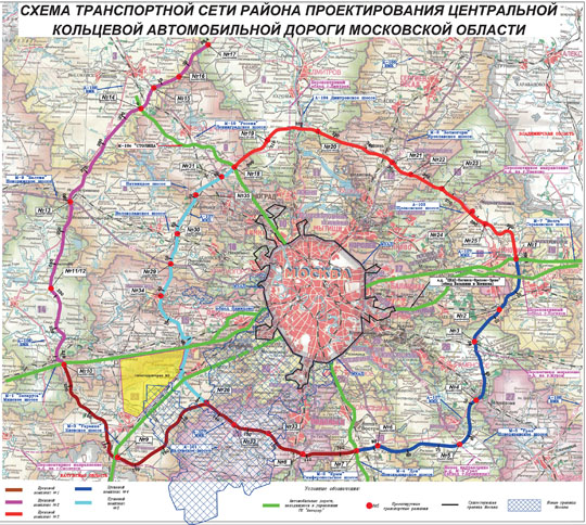 Схема проектируемой ЦКАД - вариант 2 1:250K
Схема транспортной сети района проектирования Центральной кольцевой автомобильной дороги Московской области.
Ключевые слова: ЦКАД