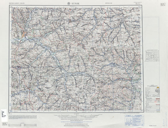 Американская карта окрестностей Курска%American map of Kursk region
Американская карта окрестностей Курска. Prepared by the Army Map Service (AMNU-WAY), Corps of Engineers, U.S. Army, Washington, D.C. Eastern Europe. Edition 2-AMS. Kursk, U.S.S.R. Compiled in 1953 from U.S.S.R., 1:100,000, General Staff of the Red Army, 1941. N501. Scale 1:250,000. Географическая координатная сетка.
Ключевые слова: Курск,американские карты