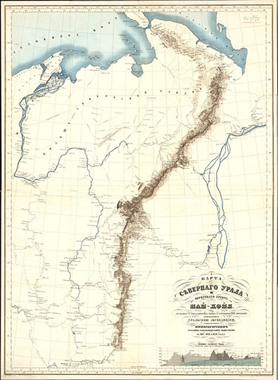 Карта Северного Урала %Map of North Ural
Карта Северного Урала и берегового хребта Пай-Хойя [Карты] / сост. с топогр. съемок и астроном. определений, произвед. Уральскою экспедицией, снаряж. Импер. Рус. Геогр. общ-вом в 1847, 1848 и 1850 годах. - Санкт-Петербург, 1853. - 2 л.: цв., доп. карта; 55x87 см. Гидрография — реки с постоянным течением и пересыхающие, озера. Рельеф — штриховкой. Насел. пункты — города и проч. Пути сообщения — гл. дороги. Церкви
Доп. карта: Профиль Северного Урала. KGR Ко 15/IV-50;
Ключевые слова: Сыктывкар,Урал
