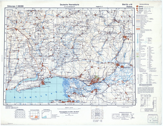 Немецкая карта окрестностей Ростова-на-Дону  1:300K% German map of Rostov vicinity
Немецкая карта окрестностей Ростова-на-Дону. Сборная карта, склеенная из двух листов. Blatt Nr. a 48, Rostow, Blatt Nr. b 48, Konstantinowskaja. Deutsche Heereskarte. Osteuropa. Масштаб 1:300,000.
Ключевые слова: Ростов-на-Дону,немецкие карты