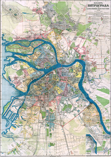 План Петрограда с окрестностями 1:21K%Map of Petrograd with vicinities
План Петрограда с ближайшими окрестностями. 1916г. Масштаб 1:21000. Приложение к Адресной и Справочной книге "Весь Петроград". Издание Т-ва А.С. Суворина "Новое время". Условная координатная сетка.
Ключевые слова: Санкт-Петербург,Петроград,товарищество Суворина,весь Петербург