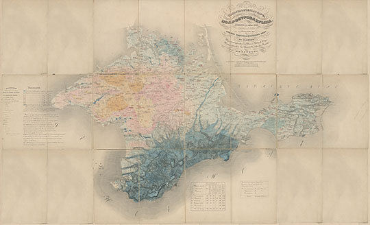 Топографическая Карта Полу-Острова Крыма 1:210K v.1 %Topographic map of Crimea
Топографическая Карта Полу-Острова Крыма, с обозначением глубины, качества воды в селениях, деревнях и колониях / составлена в 1/210000 долю настоящей величины и гравирована при Военно Топографическом Депо со съемок Тригонометрической Ген. Штаба Подполк. Оберга, Топографической Ген. Штаба Полковника Бетева; спец. нагрузку сост. А.Н. Козловский. — Б. м. [после 1842]. — 1 к. (1л.) : : цв. : 120х200 см. Вариант 1.
Ключевые слова: Крым,Военно-топографическое депо