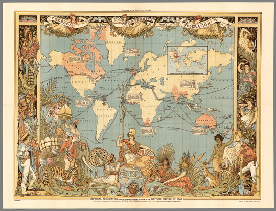 Британская Империя % Extent of the British Empire in 1886
Карта Британской Империи в 1886 году. 58 х 77 см. Extent of the British Empire in 1886. Imperial Federation - Map of the world showing the extent of the British Empire in 1886. Statistical information furnished by Captain J.C.R. Colomb, M.P. formerly R.M.A. Mclure and Co. Queen Victoria Street, London. British territories coloured in red. (Published as) Supplement to 'The Graphic', July 24th, 1886. 
Ключевые слова: Карты мира,английские карты