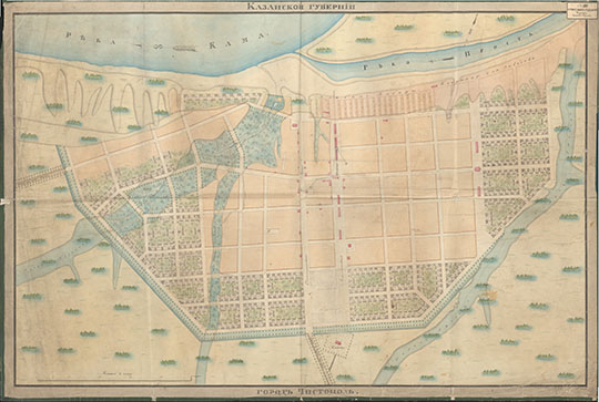 План города Чистополя 1:4,200 %Plan pf Chistopol
Казанской губернии город Чистополь. 1835 г. Масштаб - 50 сажен в английском дюйме.
Ключевые слова: Чистополь
