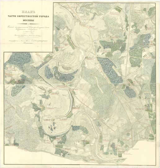 План части города Москвы Ляпунова  1:16K% Plan of part of Moscow by Lyapunov
План части окрестностей города Москвы / Снятый инструментально квартирмейстерской части порутчиком Ляпуновым в 1825 году. - [1:16800], 200 саж. в дюйме. - [СПб., 1825] (Литогр. в Гл. Штабе Е.И.В.). - 1 к. (4 л.): раскраш.; размер листов 44х40 см. 
