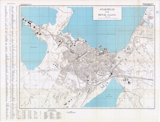 Немецкий план Ревеля (Таллина)  1:12K% Stadtplan von Reval (Tallinn) 
Немецкий план города Ревеля (Таллина). Масштаб 1:12500. Берлин, 1940.  Stadtplan von Reval (Tallinn) 
Ключевые слова: Таллин,немецкие карты